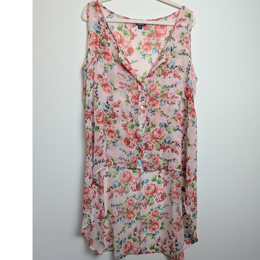 Torrid Womens Plus 0X Pink Floral Sheer Chiffon Hi-Low Sleeveless Tunic Blouse